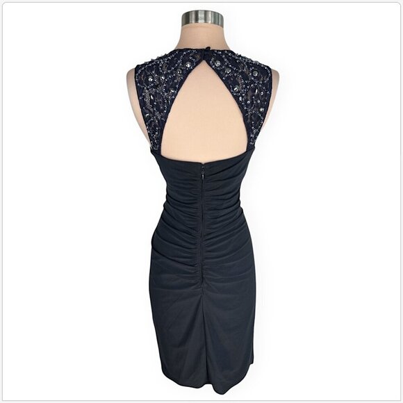 Cache Dark Gray Embellished Cutout Neckline Lace Trim Cocktail Ruched Dress 8 - Picture 4 of 5